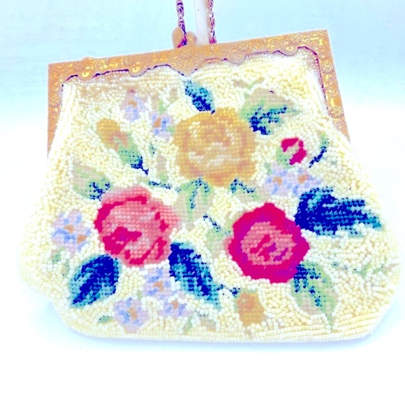 Vintage Ivory Seed Bead Beaded Evening Bag Beautiful Floral Design Newport News - Picture 10 of 13